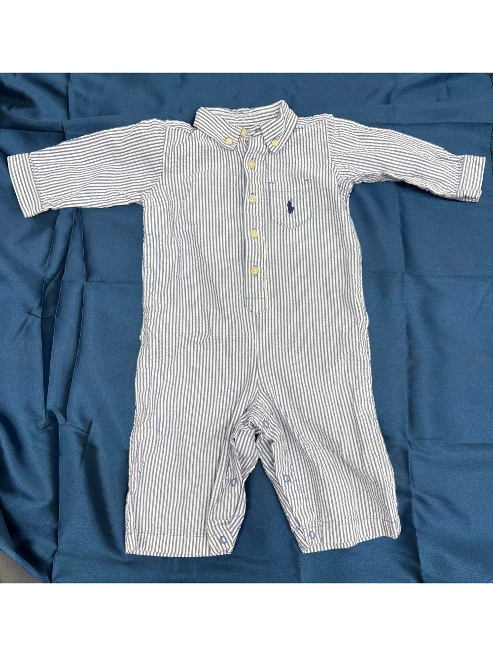 Ralph Lauren Baby Boys 9M Blue and White Striped Seersucker Cotton Romper